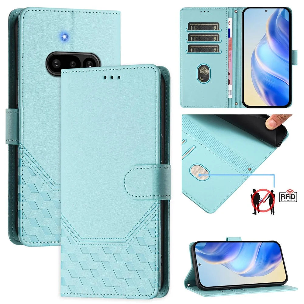 For Nothing Phone (3a) Case Imprinted Honeycomb RFID Blocking Leather Phone Cover with Strap - Mint Green - 2