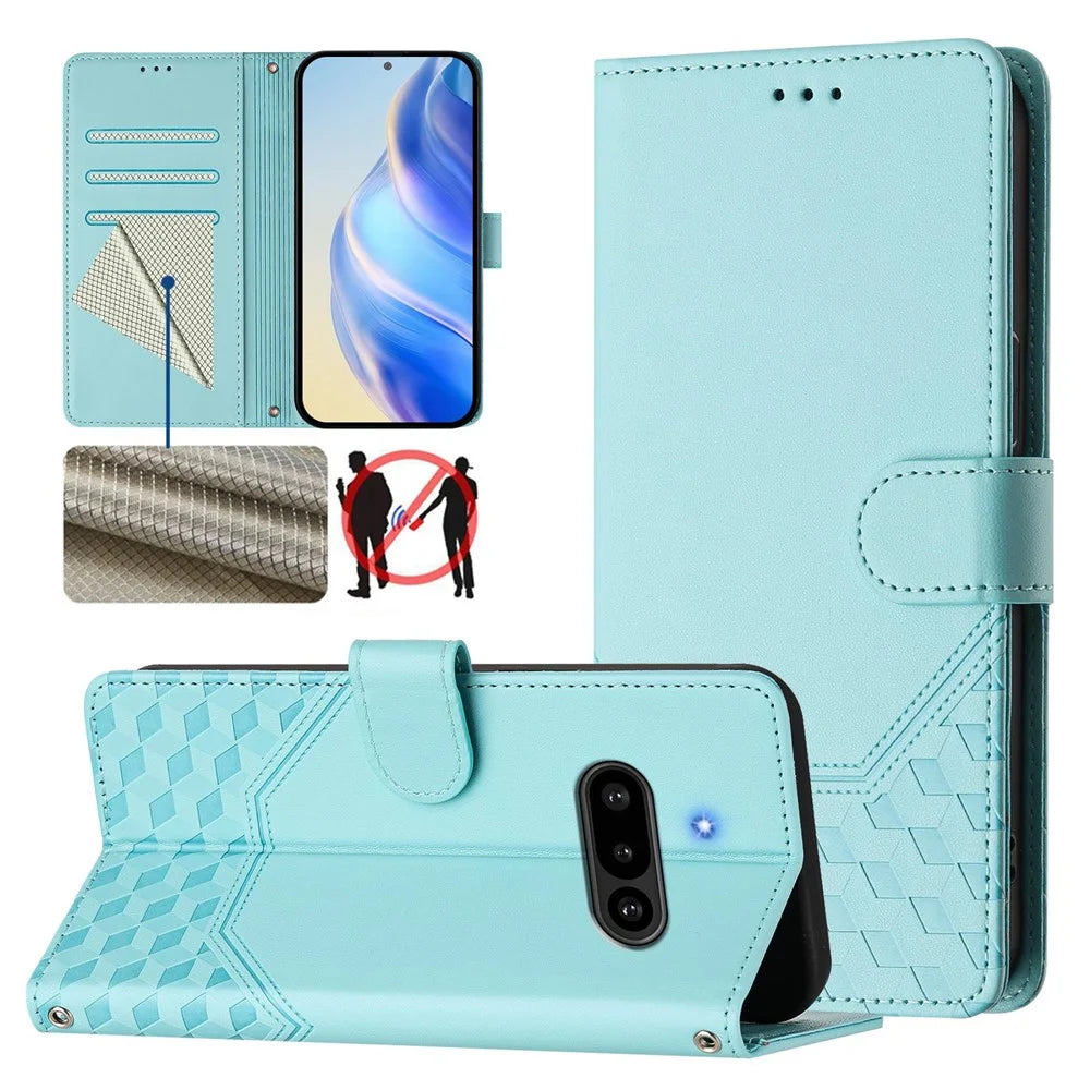 For Nothing Phone (3a) Case Imprinted Honeycomb RFID Blocking Leather Phone Cover with Strap - Mint Green - 3