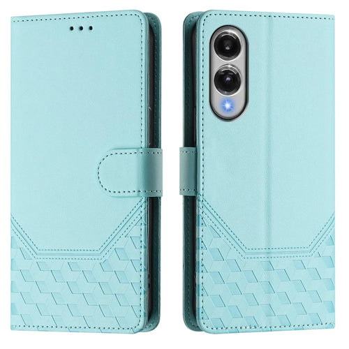 For Samsung Galaxy S25 Edge Case Imprinted Honeycomb RFID Blocking Leather Phone Cover with Strap - Mint Green - 1