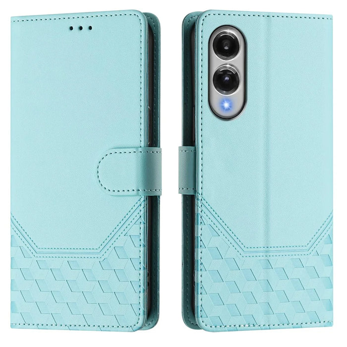 For Samsung Galaxy S25 Edge Case Imprinted Honeycomb RFID Blocking Leather Phone Cover with Strap - Mint Green - 1