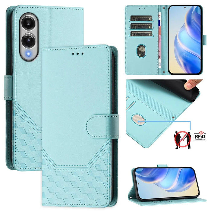 For Samsung Galaxy S25 Edge Case Imprinted Honeycomb RFID Blocking Leather Phone Cover with Strap - Mint Green - 2