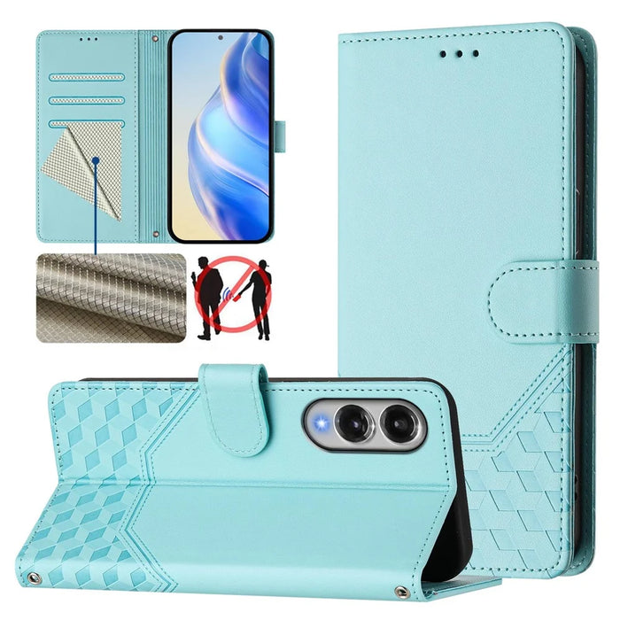 For Samsung Galaxy S25 Edge Case Imprinted Honeycomb RFID Blocking Leather Phone Cover with Strap - Mint Green - 3