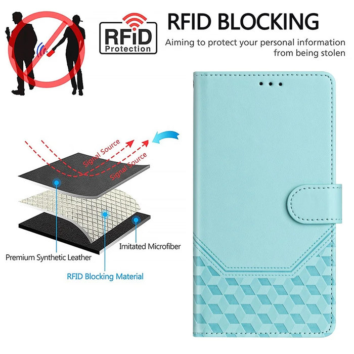 For Samsung Galaxy S25 Edge Case Imprinted Honeycomb RFID Blocking Leather Phone Cover with Strap - Mint Green - 6