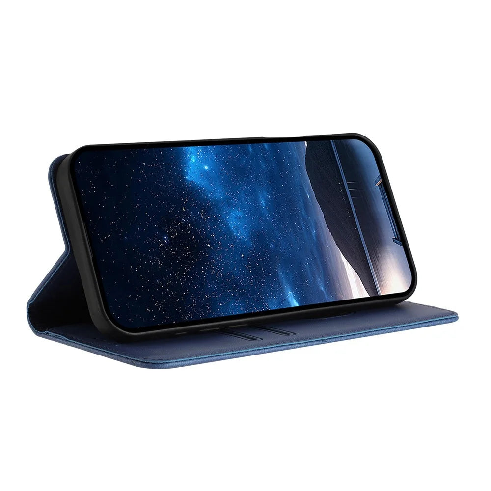 For iPhone 17e / 16e Wallet Case Magnetic Closure Leather Flip Phone Cover with Stand - Sapphire - 3