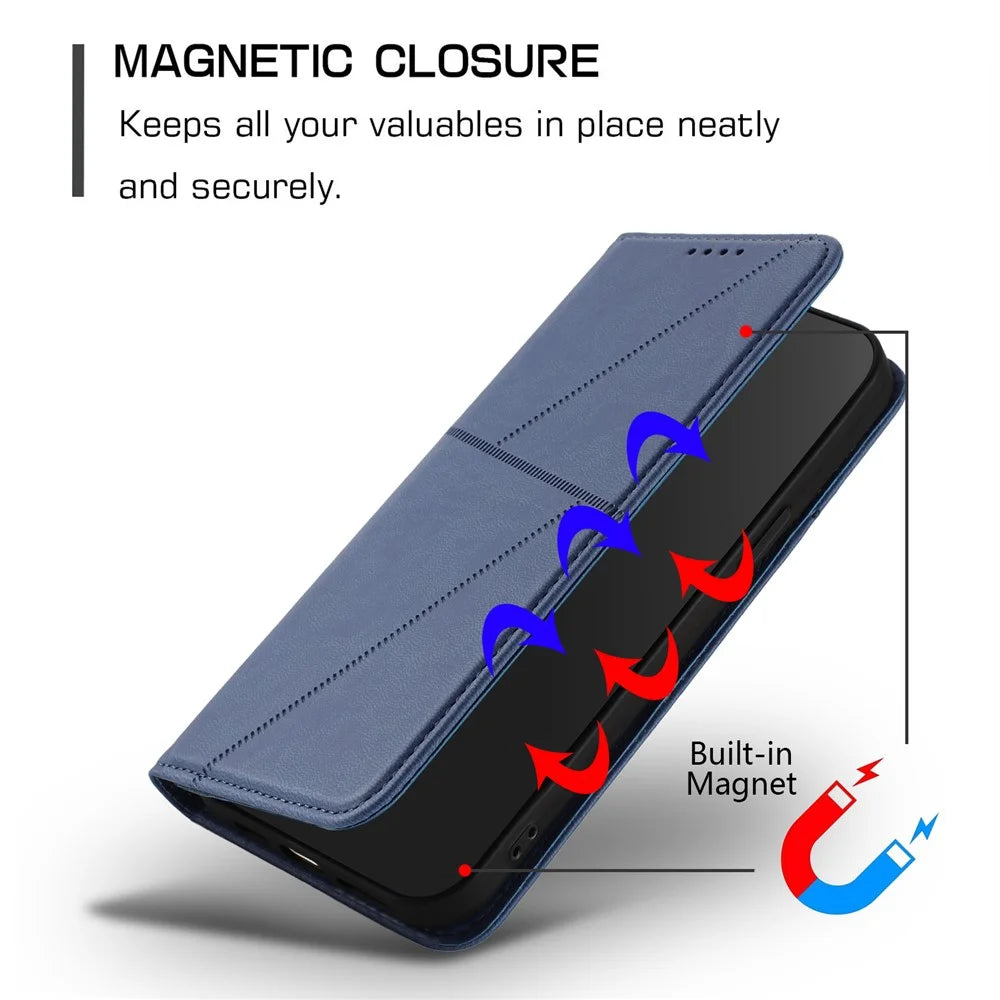 For iPhone 17e / 16e Wallet Case Magnetic Closure Leather Flip Phone Cover with Stand - Sapphire - 5