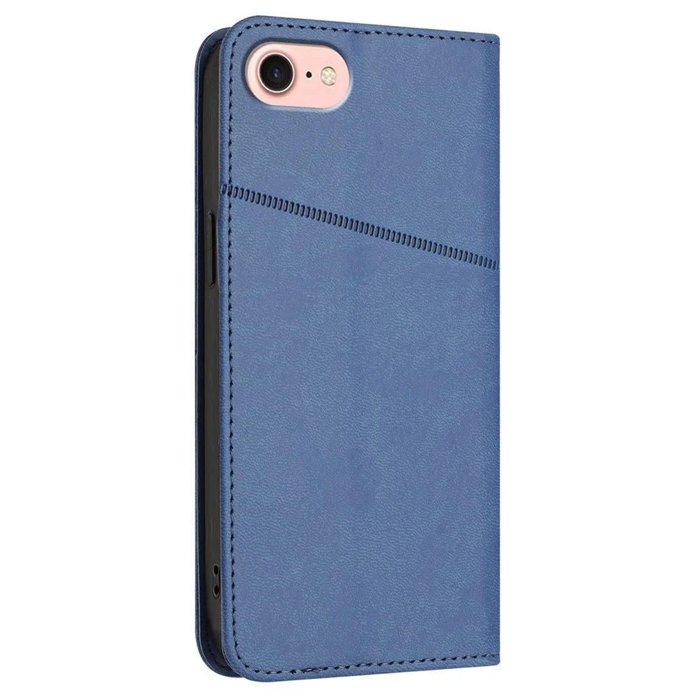 For iPhone 17e / 16e Wallet Case Magnetic Closure Leather Flip Phone Cover with Stand - Sapphire - 7
