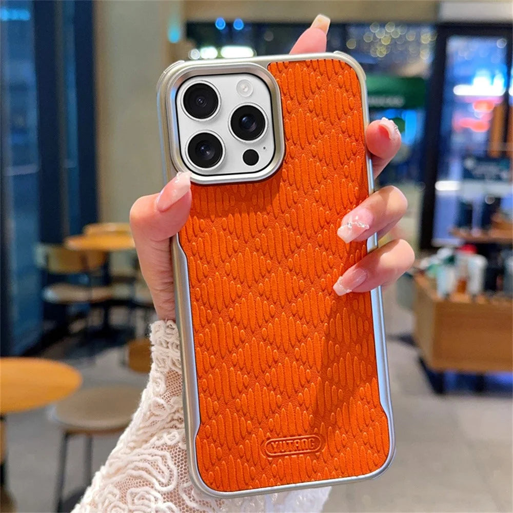 YUTRNG For iPhone 16 Pro Case Wave Texture PU Leather + PC Magnetic Phone Cover - Orange - 1