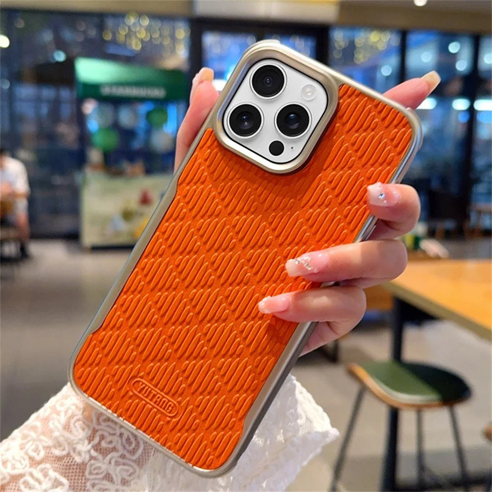 YUTRNG For iPhone 16 Pro Case Wave Texture PU Leather + PC Magnetic Phone Cover - Orange - 3