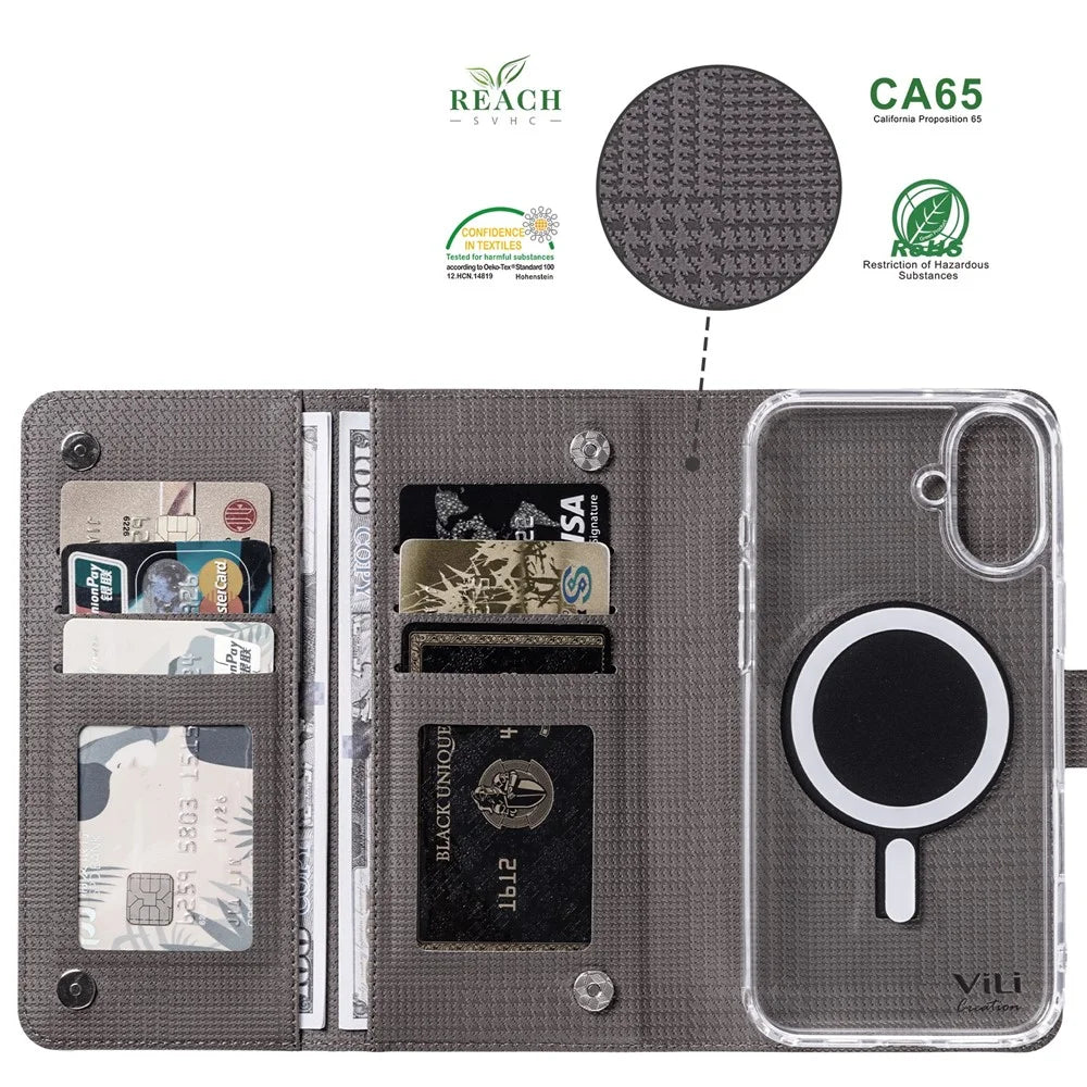 VILI GHA-C Series For iPhone 16 Magnetic Case RFID Blocking Detachable 2 in 1 Leather Phone Cover - Grey - 5