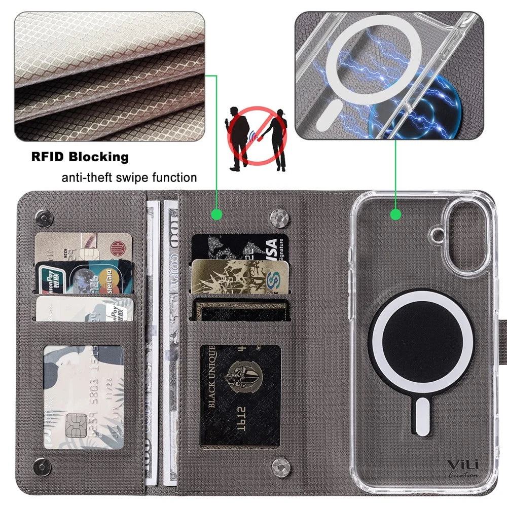 VILI GHA-C Series For iPhone 16 Magnetic Case RFID Blocking Detachable 2 in 1 Leather Phone Cover - Grey - 7