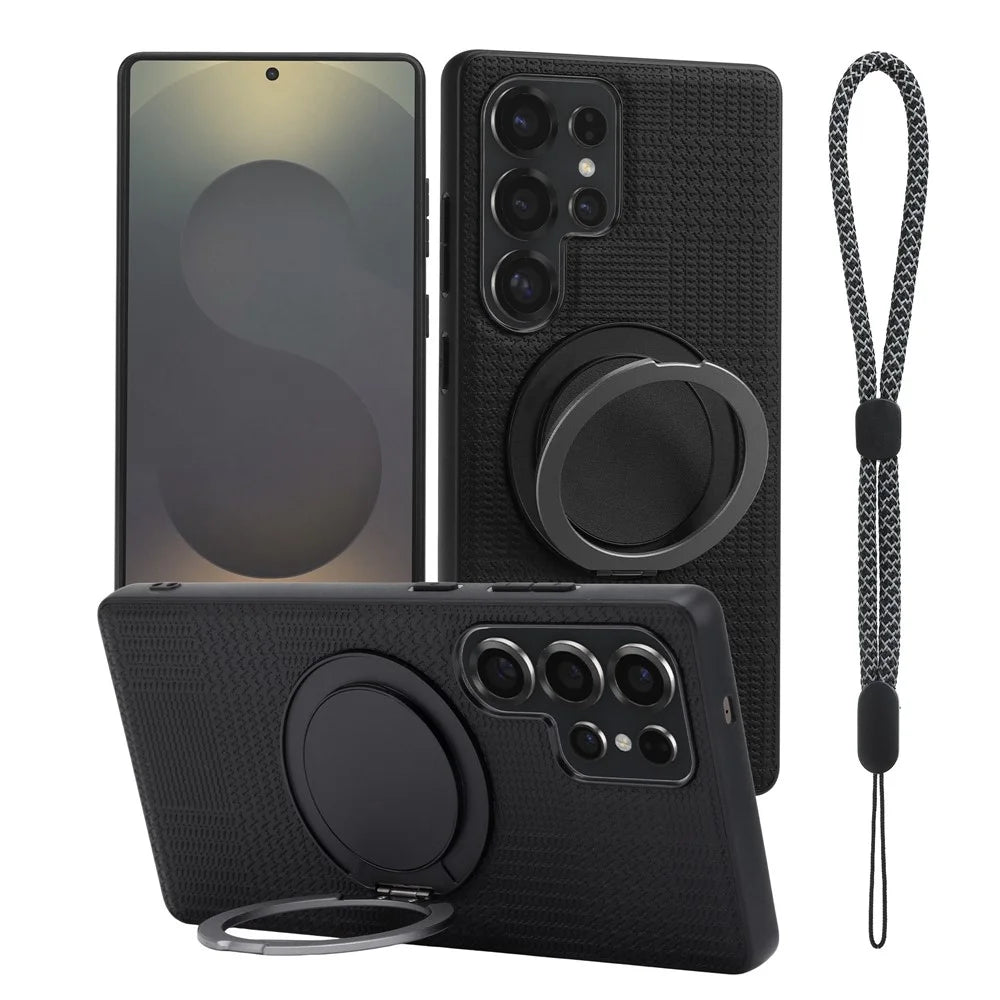 VILI D-THS Series for Samsung Galaxy S24 Ultra Magnetic Case Ring Kickstand PC TPU Phone Back Cover with Strap - Black - 1
