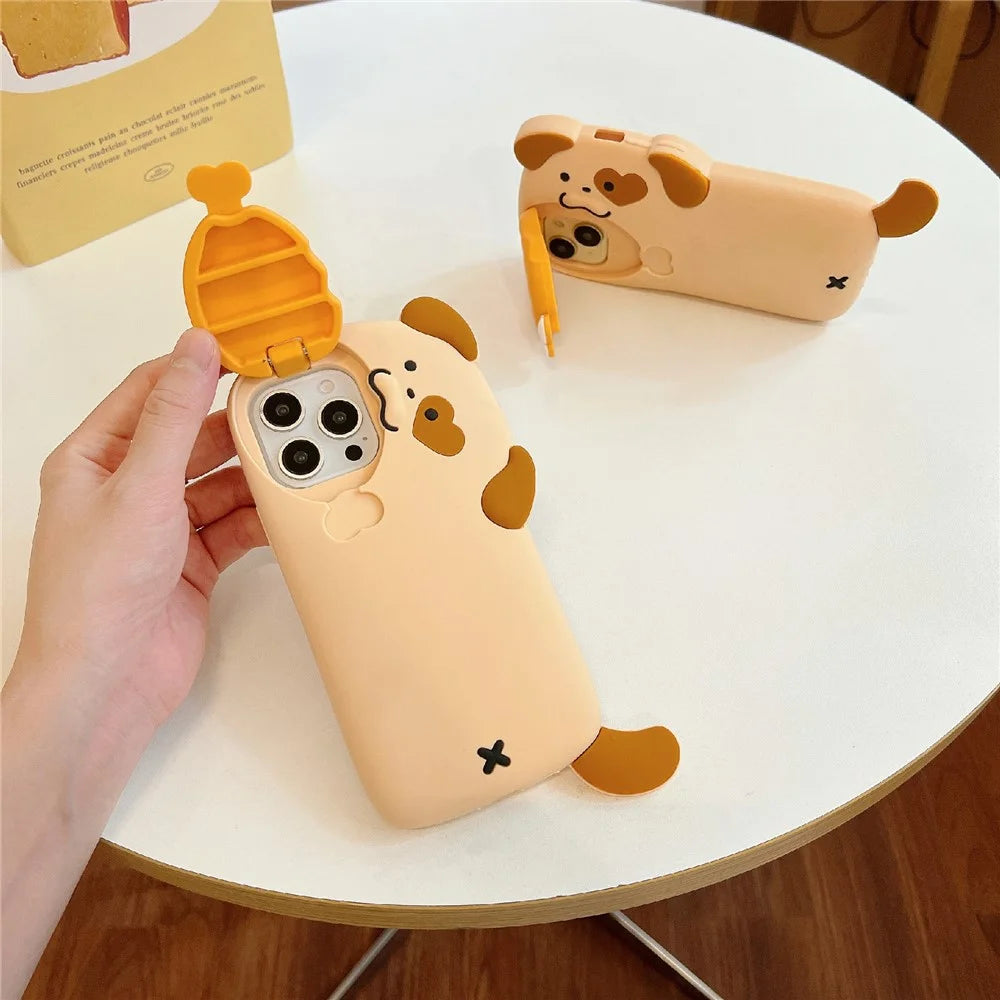 For iPhone 16 Pro Max Silicone Case Dog Eating Chicken Leg Design Lens Cover Kickstand Phone Cover - 2