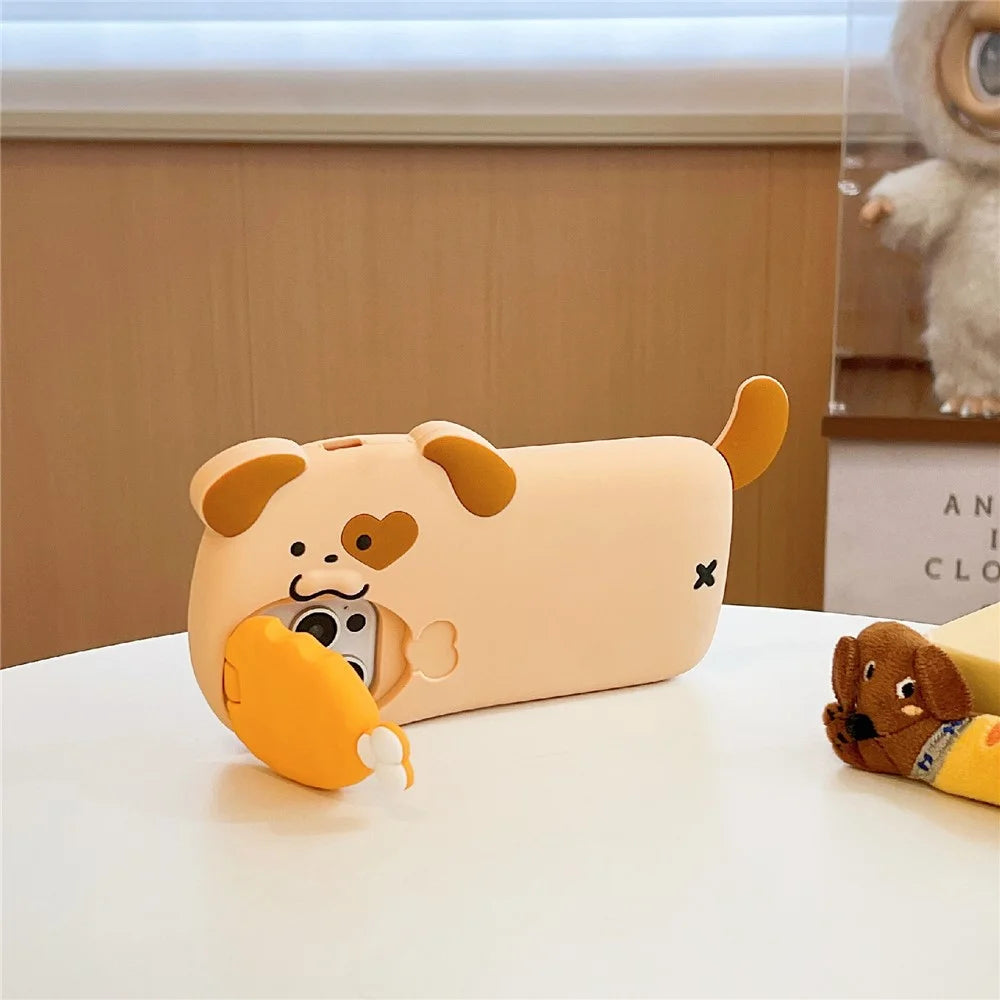 For iPhone 16 Pro Max Silicone Case Dog Eating Chicken Leg Design Lens Cover Kickstand Phone Cover - 3
