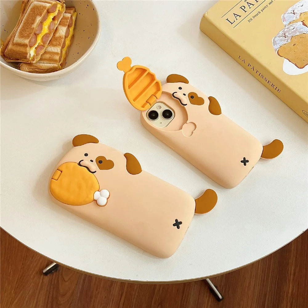 For iPhone 16 Pro Max Silicone Case Dog Eating Chicken Leg Design Lens Cover Kickstand Phone Cover - 4