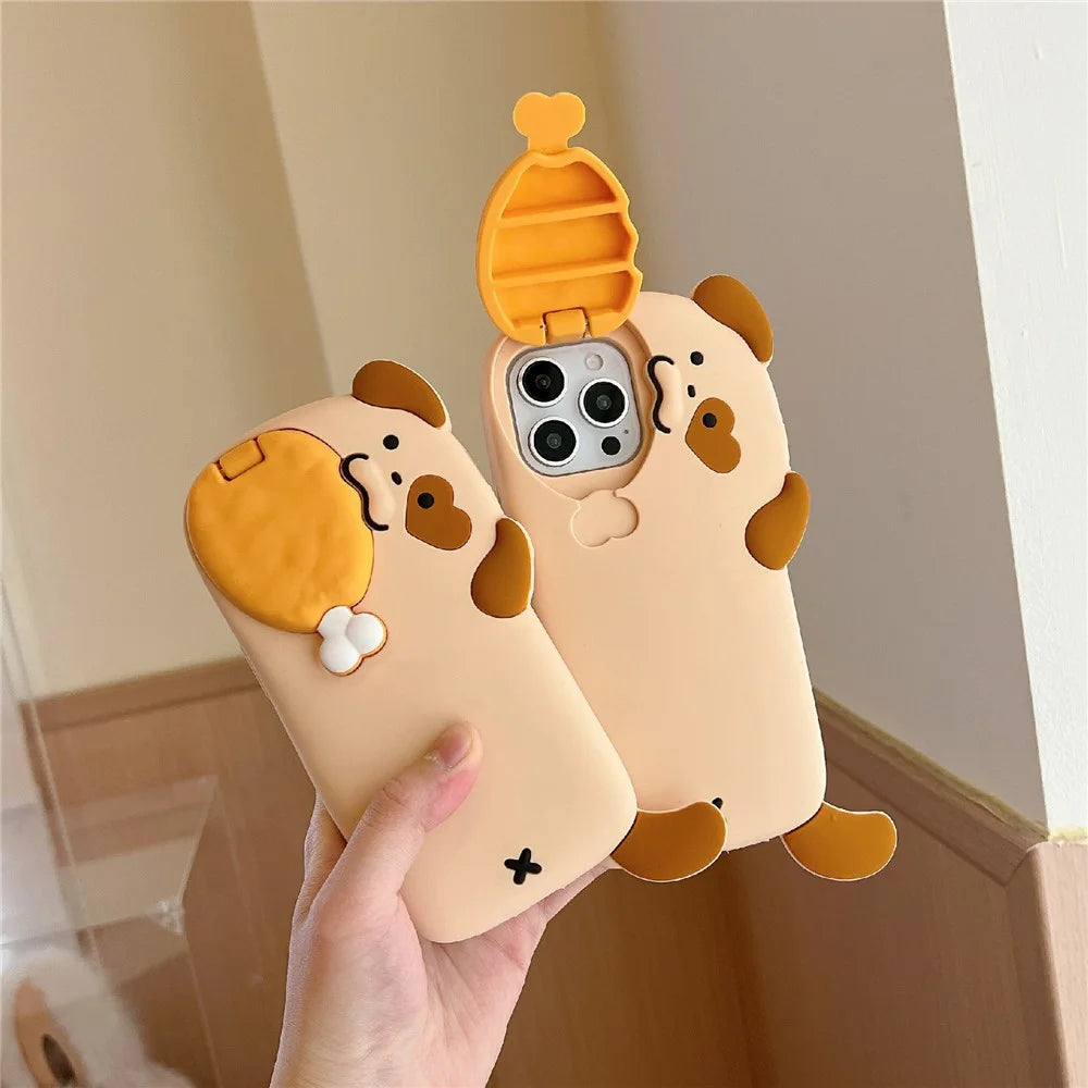 For iPhone 16 Pro Max Silicone Case Dog Eating Chicken Leg Design Lens Cover Kickstand Phone Cover - 5