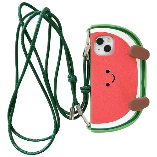 For iPhone 15 Silicone Case Standing Watermelon Design Kickstand Shockproof Phone Cover with Shoulder Strap - 1