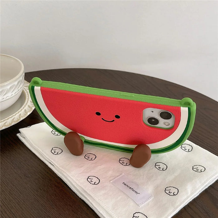 For iPhone 15 Silicone Case Standing Watermelon Design Kickstand Shockproof Phone Cover with Shoulder Strap - 3