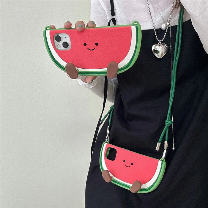 For iPhone 15 Silicone Case Standing Watermelon Design Kickstand Shockproof Phone Cover with Shoulder Strap - 4