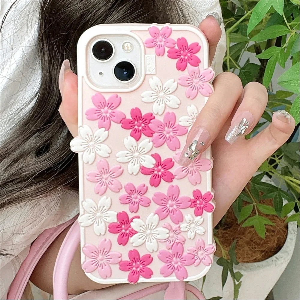 For iPhone 15 Silicone Case 3D Cherry Blossom Pattern Shockproof Phone Cover - 1