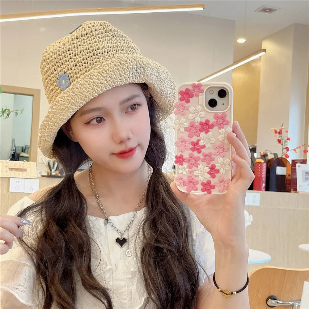 For iPhone 15 Silicone Case 3D Cherry Blossom Pattern Shockproof Phone Cover - 2