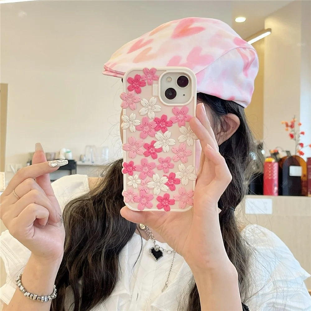 For iPhone 15 Silicone Case 3D Cherry Blossom Pattern Shockproof Phone Cover - 3