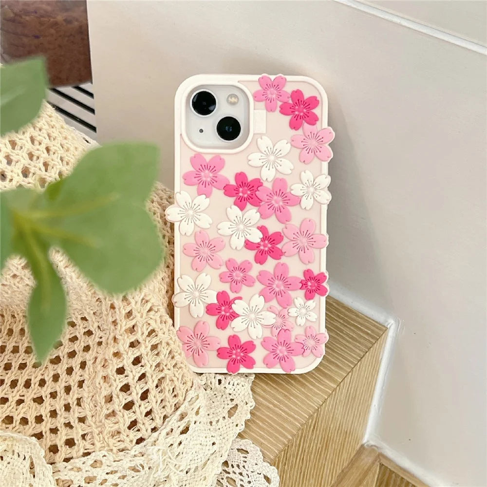 For iPhone 15 Silicone Case 3D Cherry Blossom Pattern Shockproof Phone Cover - 4