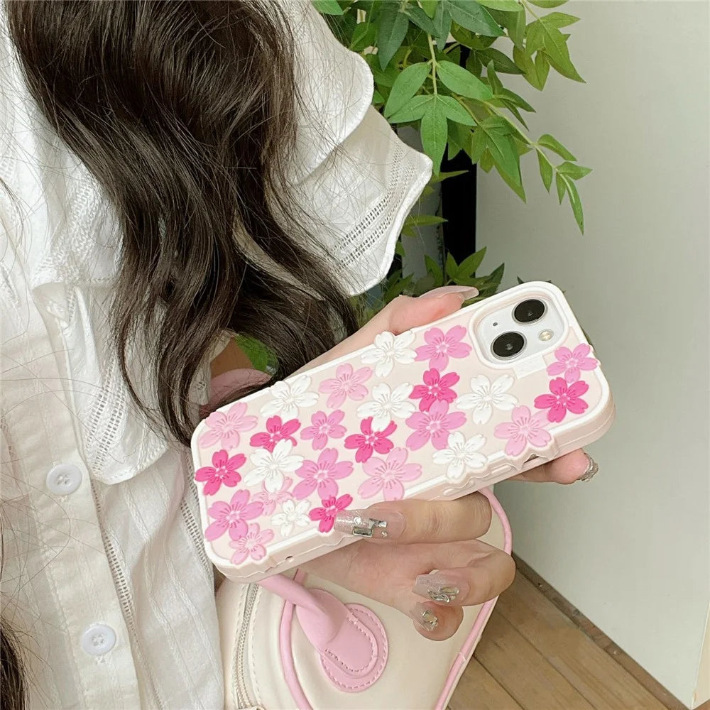 For iPhone 15 Silicone Case 3D Cherry Blossom Pattern Shockproof Phone Cover - 5