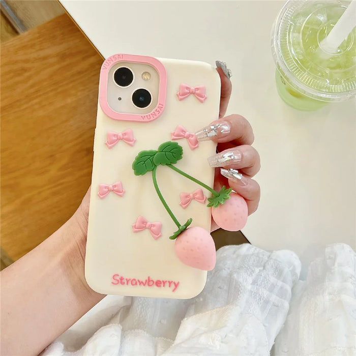 For iPhone 15 Silicone Case Cute Pendant Strawberry Design Shockproof Durable Phone Cover - 1