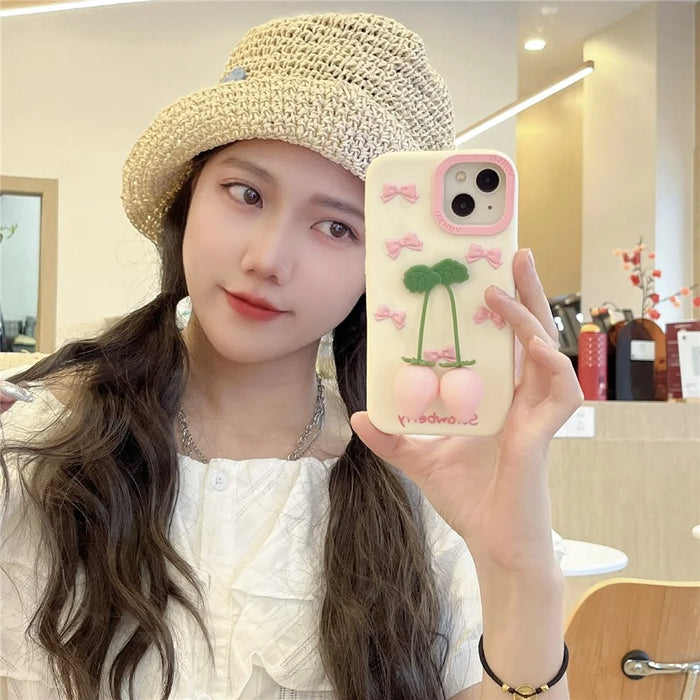 For iPhone 15 Silicone Case Cute Pendant Strawberry Design Shockproof Durable Phone Cover - 3