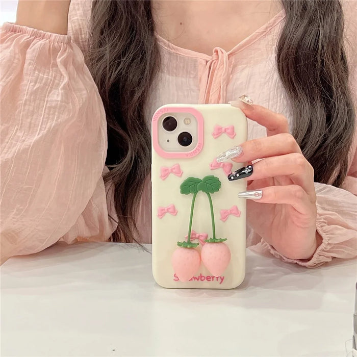 For iPhone 15 Silicone Case Cute Pendant Strawberry Design Shockproof Durable Phone Cover - 5