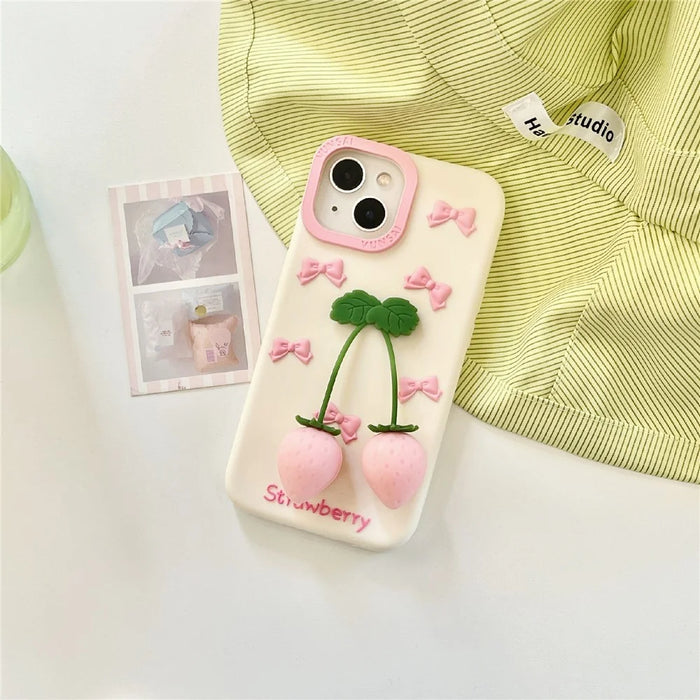 For iPhone 15 Silicone Case Cute Pendant Strawberry Design Shockproof Durable Phone Cover - 7