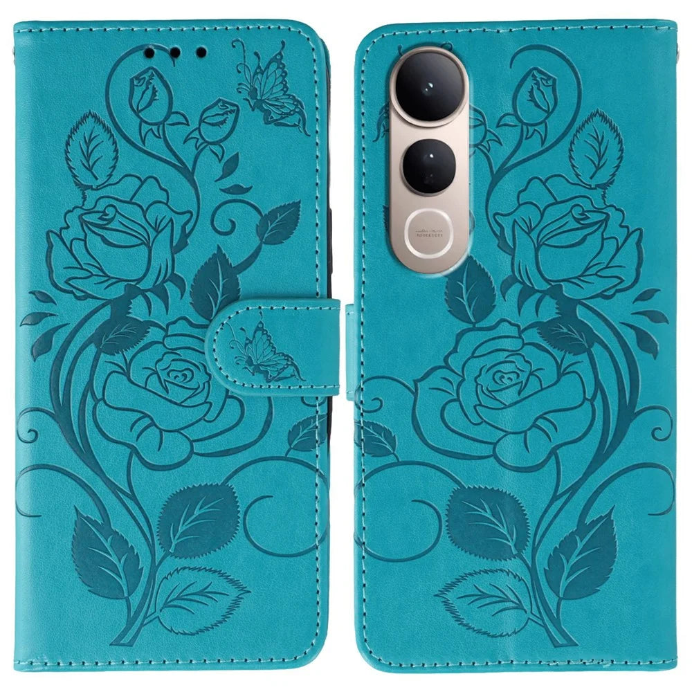 For vivo V50 Lite 4G / 5G Case Wallet Stand Imprinted Rose Butterfly PU Leather Phone Cover - Blue - 1