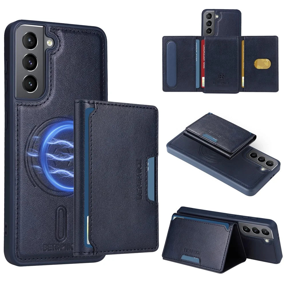 BETOPNICE For Samsung Galaxy S21 5G Magnetic Case  Leather Phone Cover Kickstand with Detachable Card Bag - Blue - 1