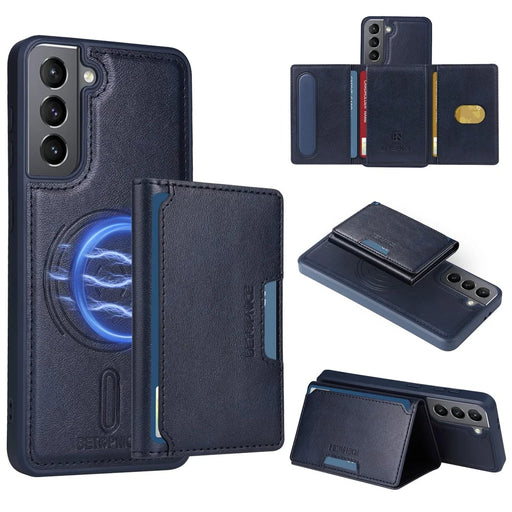 BETOPNICE For Samsung Galaxy S21 5G Magnetic Case  Leather Phone Cover Kickstand with Detachable Card Bag - Blue - 1