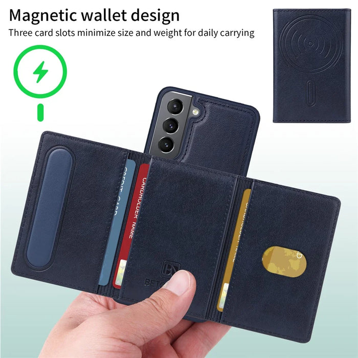 BETOPNICE For Samsung Galaxy S21 5G Magnetic Case  Leather Phone Cover Kickstand with Detachable Card Bag - Blue - 3