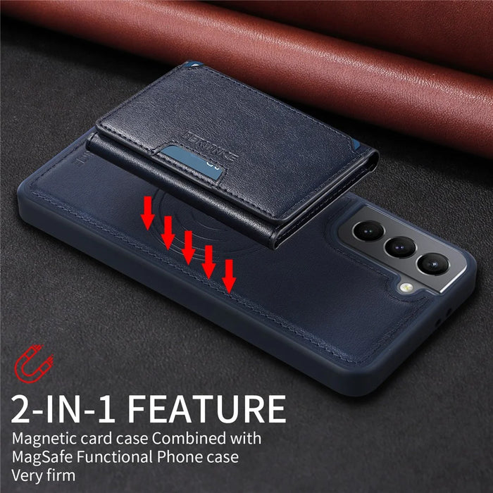 BETOPNICE For Samsung Galaxy S21 5G Magnetic Case  Leather Phone Cover Kickstand with Detachable Card Bag - Blue - 5