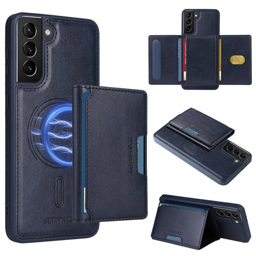 BETOPNICE For Samsung Galaxy S21+ 5G Magnetic Case  Leather Phone Cover Kickstand with Detachable Card Bag - Blue - 1