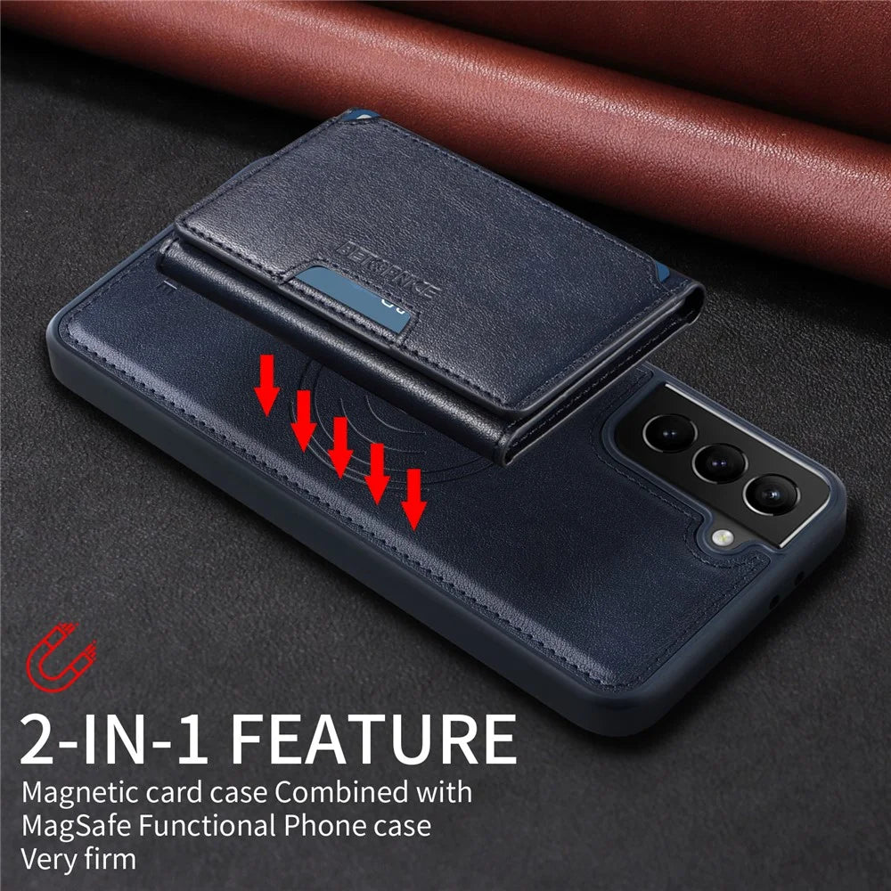 BETOPNICE For Samsung Galaxy S21+ 5G Magnetic Case  Leather Phone Cover Kickstand with Detachable Card Bag - Blue - 5