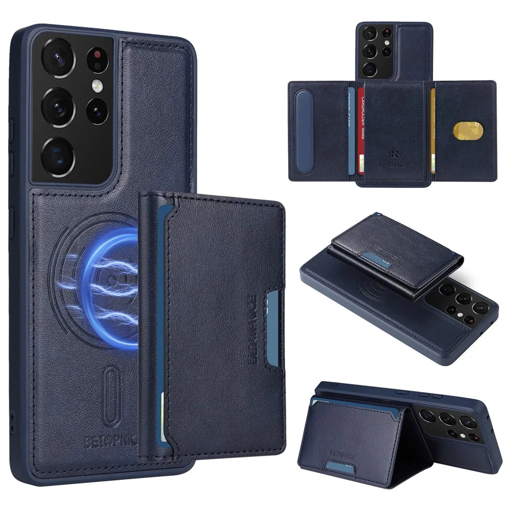 BETOPNICE For Samsung Galaxy S21 Ultra 5G Magnetic Case  Leather Phone Cover Kickstand with Detachable Card Bag - Blue - 1