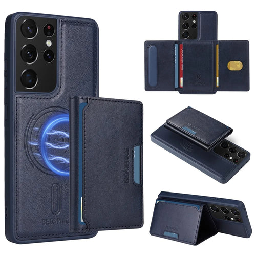 BETOPNICE For Samsung Galaxy S21 Ultra 5G Magnetic Case  Leather Phone Cover Kickstand with Detachable Card Bag - Blue - 1