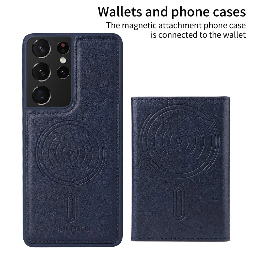 BETOPNICE For Samsung Galaxy S21 Ultra 5G Magnetic Case  Leather Phone Cover Kickstand with Detachable Card Bag - Blue - 2