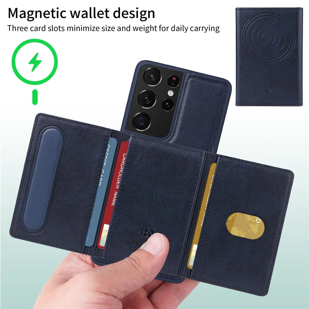 BETOPNICE For Samsung Galaxy S21 Ultra 5G Magnetic Case  Leather Phone Cover Kickstand with Detachable Card Bag - Blue - 3