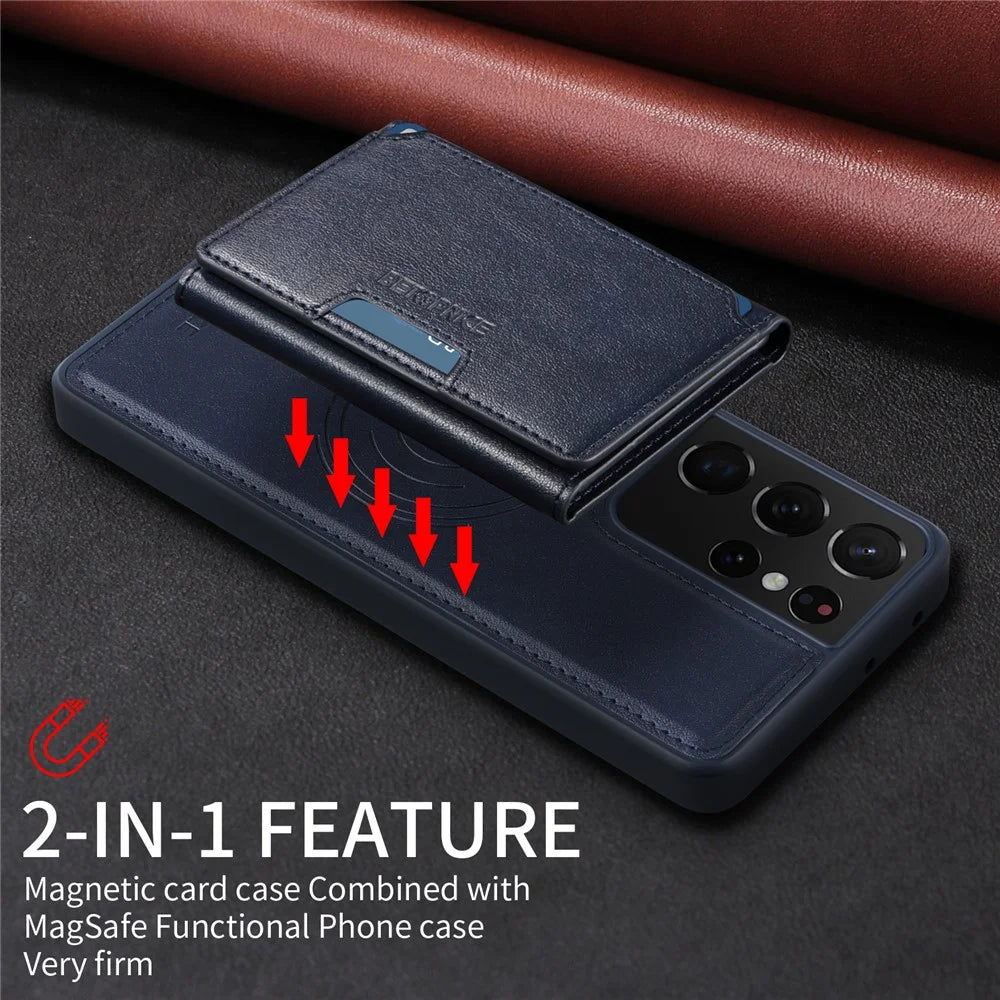 BETOPNICE For Samsung Galaxy S21 Ultra 5G Magnetic Case  Leather Phone Cover Kickstand with Detachable Card Bag - Blue - 5