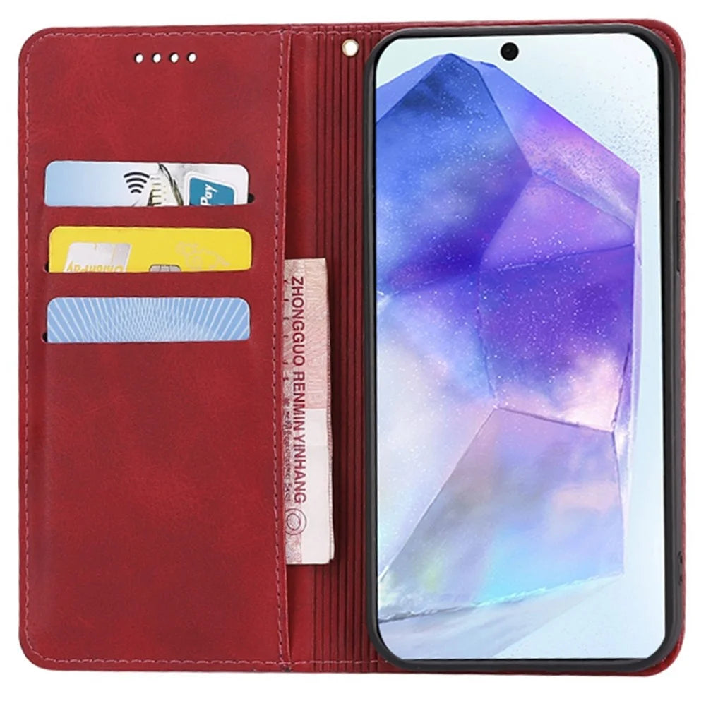 For Samsung Galaxy A55 5G Case Wallet Calf Texture Leather Phone Cover with Hidden Magnetic Closure - Red - 2