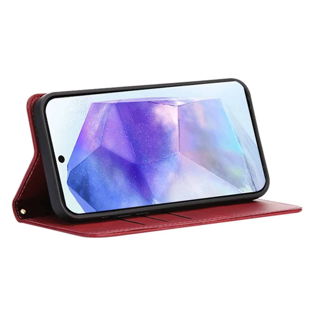 For Samsung Galaxy A55 5G Case Wallet Calf Texture Leather Phone Cover with Hidden Magnetic Closure - Red - 3