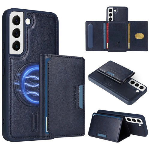 BETOPNICE For Samsung Galaxy S22 5G Magnetic Case  Leather Phone Cover Kickstand with Detachable Card Bag - Blue - 1