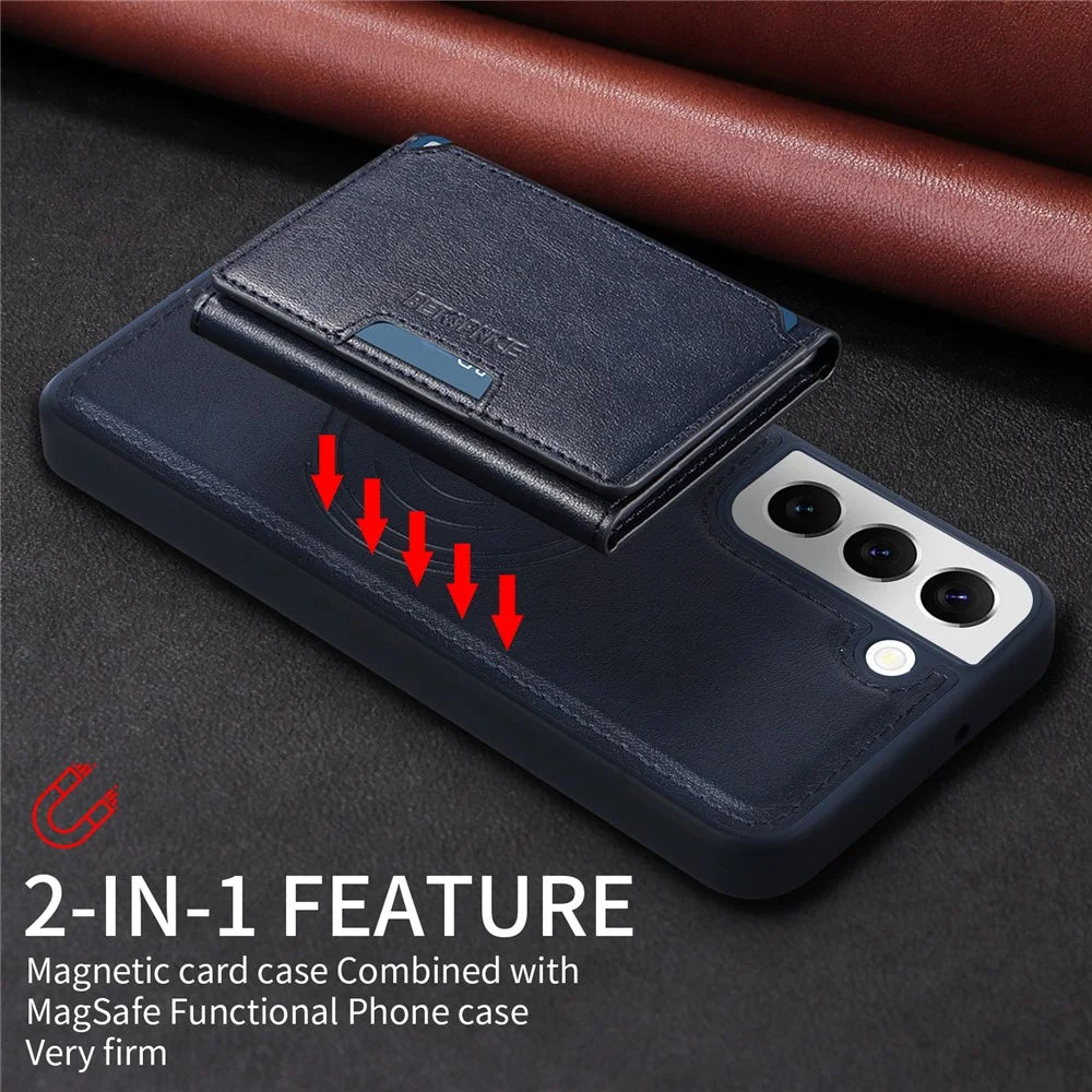 BETOPNICE For Samsung Galaxy S22 5G Magnetic Case  Leather Phone Cover Kickstand with Detachable Card Bag - Blue - 5