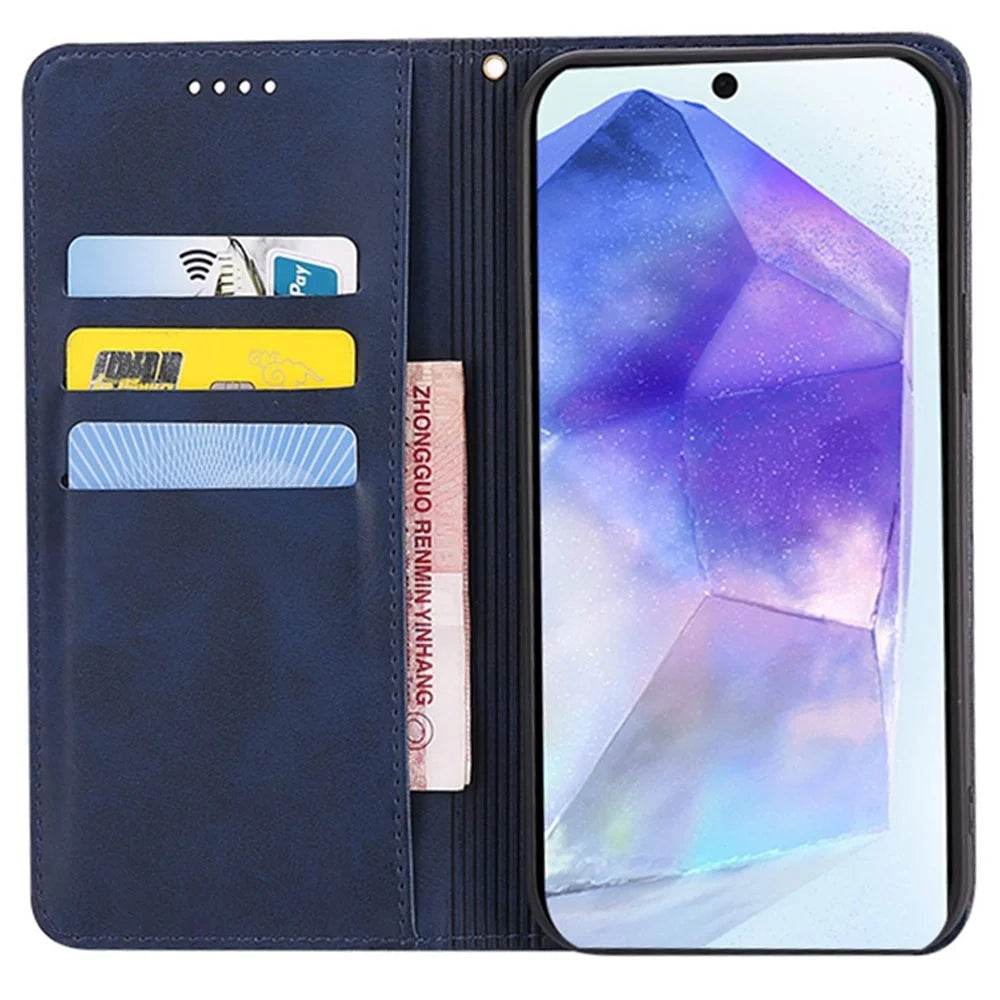 For Samsung Galaxy A35 5G Case Wallet Calf Texture Leather Phone Cover with Hidden Magnetic Closure - Blue - 2
