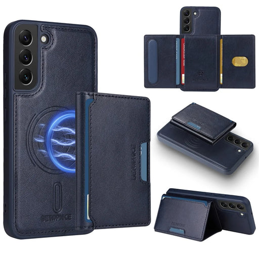 BETOPNICE For Samsung Galaxy S22+ 5G Magnetic Case  Leather Phone Cover Kickstand with Detachable Card Bag - Blue - 1