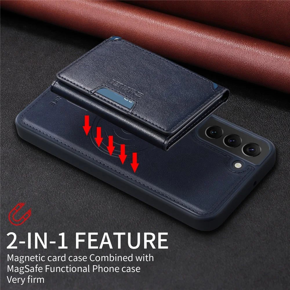 BETOPNICE For Samsung Galaxy S22+ 5G Magnetic Case  Leather Phone Cover Kickstand with Detachable Card Bag - Blue - 5